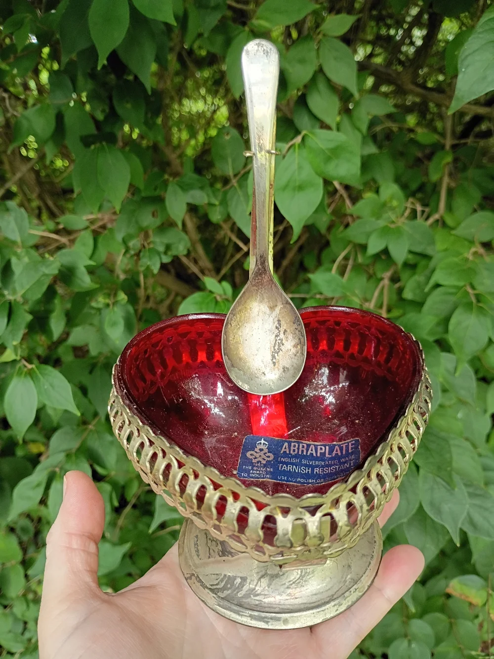 VTG Heart Shaped Silver Plate Jam/Sugar Dish Red Glass w Spoon Sheffield England